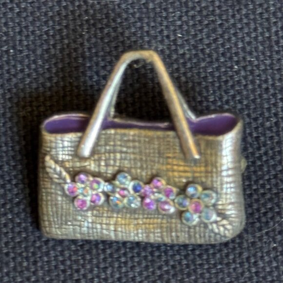 Vintage Handbag Pin Brooch With Floral Rhinestone Accents & Purple Enamel Detail - Picture 8 of 9